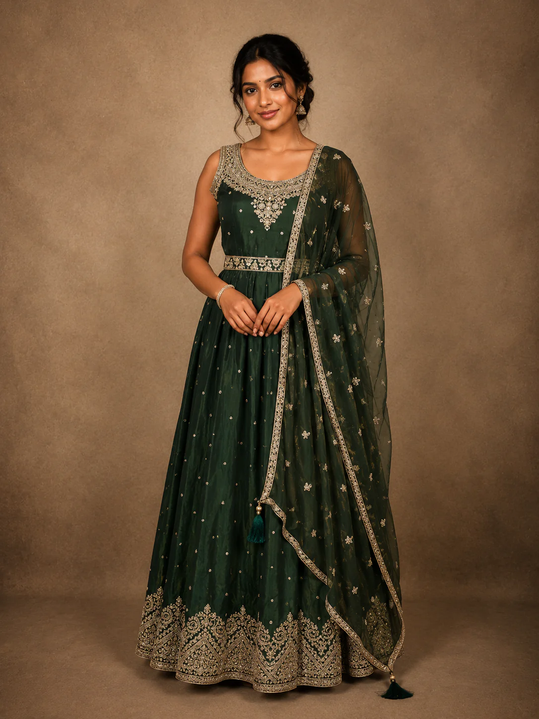 Deep Olive Green Beads and Mirror Embroidered Design Organza Party Wear Gown with Hip Belt